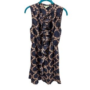 Anthropologie‎ Lil Ruffle Front Tie Geometric Print Sleeveless Dress Navy 6 Silk